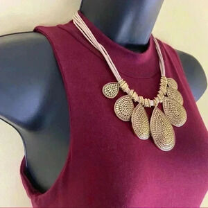 Gold-Tone Pendant Wax Cord Bib Style Necklace